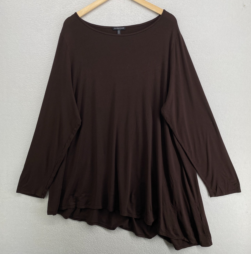 EILEEN FISHER Tunic 3X Stretch Viscose Jersey Asymmetric Long Sleeve Brown USA